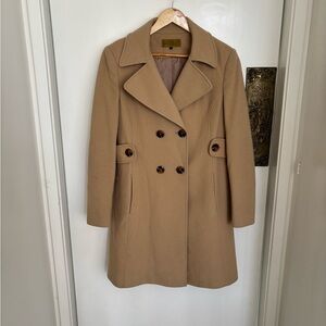 Nicole Miller Tan Peacoat with Wide Notched Lapels